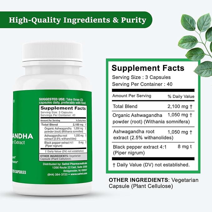 Safrel Ashwagandha 2,100 mg - 120 Vegan Capsules, High Potency, Non-GMO, Gluten Free Supplement