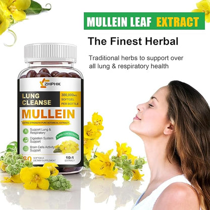 Mullein Leaf Extract for Lungs Softgels, Lung Detox Cleanse Respiratory Lung Support, Herbal Supplements for Smokers, Vegan, Non-GMO, Immune Digestive Support, 120-Count, 120 Days Supply