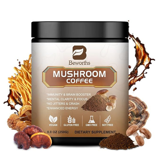250g Mushroom Coffee - Lions Mane Mushroom Powder Instant Coffee with Lion's Mane, Reishi, Chaga, Cordyceps, Turkey Tail, Arabica - Mushroom Coffee Blend Support Gut, Focus, Brain Health