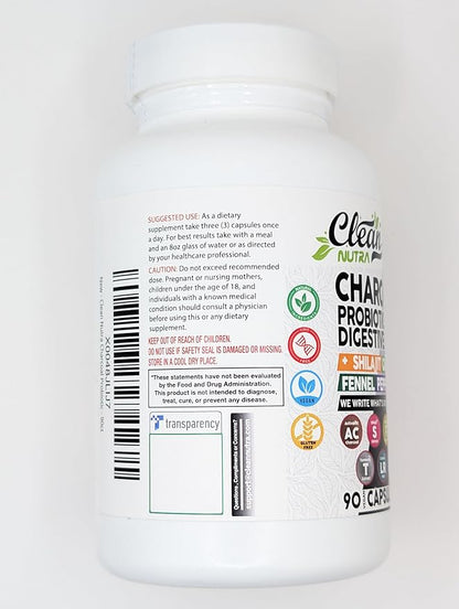 Clean Nutra Activated Charcoal Capsules Shilajit 5000mg Pills Probiotic 200 Billion + Digestive Enzymes for Digestive Health with Peppermint Fennel Licorice Papain Ginger Turmeric | Gut Health