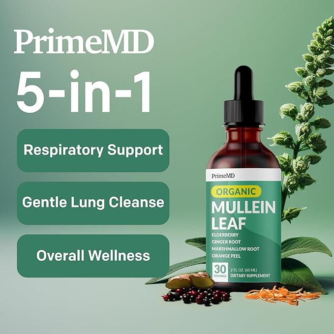5-in-1 Mullein Drops for Lungs and Bronchial - Respiratory Lung Health Support with Mullen Leaf Extract for lungs - Mullein Tincture with Elderberry, Marshmallow, Ginger Root (120 Servings) (4-pack)