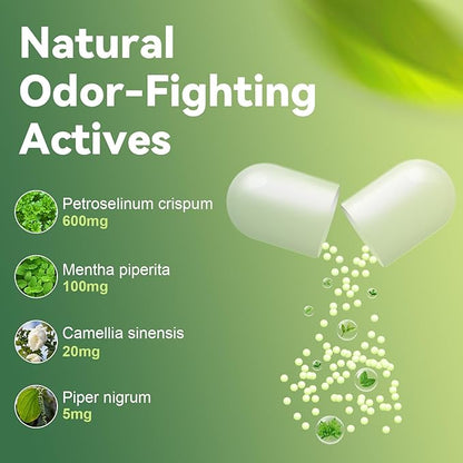 Body Deodorizing Supplement, Chlorophyll Capsules with Parsley & Peppermint, Probiotic, Green Tea, Jerusalem Artichoke, Prebiotic, Supports Fresh Breath & Whole-Body Freshness, 120 Capsules