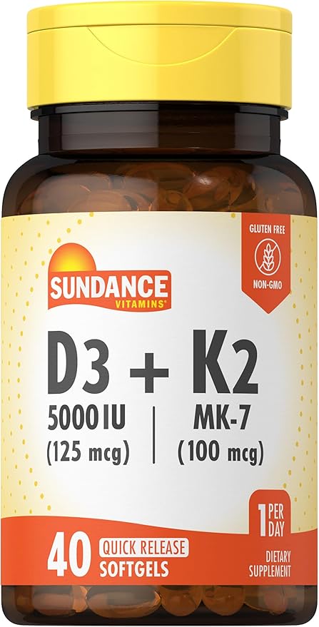 Sundance Vitamin D3 K2 | 40 Quick Release Softgels | 5000 IU | Non-GMO and Gluten Free Supplement