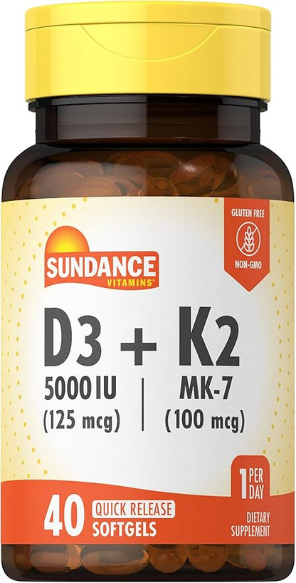 Sundance Vitamin D3 K2 | 40 Quick Release Softgels | 5000 IU | Non-GMO and Gluten Free Supplement