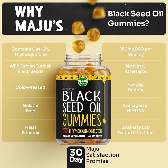MAJU's Black Seed Oil Gummies 90ct, World's 1st, 2.5X Per BSO Gummy, Black Cumin Seed Nigella Sativa Oil, Cold-Pressed, Potent Formula with Cinnamon Extract, Tasty, 500mg 90ct