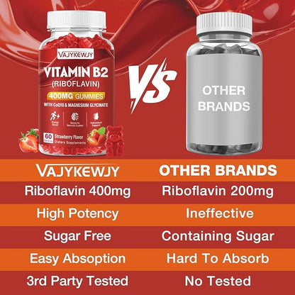 Vitamin B2 Gummies Riboflavin 400mg Strawberries Flavor, 120 Count，Vegan, Sugar-Free