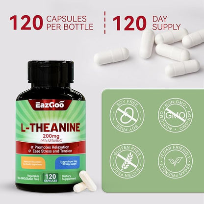 L-Theanine 200mg, Amino Acid Supplement to Support Relaxation, Stress, L Theanine Capsules - Non-GMO, Gluten Free, 120 Veg Capsules