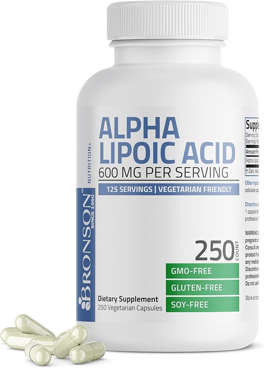 Bronson Alpha Lipoic Acid 600 MG Free Radical Scavenger Supports Health - Non-GMO, 250 Vegetarian Capsules (125 Servings)