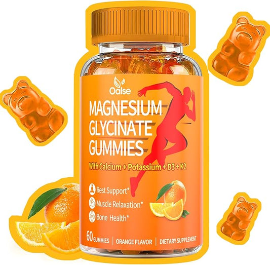 Magnesium Glycinate Gummies 600mg, Sugar Free Magnesium Potassium Supplement with Calcium, Vitamin D3, K2, CoQ10 for Adults and Kids, Stress & Muscle Relief, Orange (60 CT)