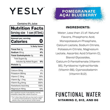 Yesly Functional Water, Pomegranate Acai Blueberry, Naturally Flavored Still Water with Electrolytes, Magnesium, Potassium, Vitamin C, B6 & B12, Zero Sugar, No Artificial Sweeteners, 16 Fl Oz Cans, 12 Pack