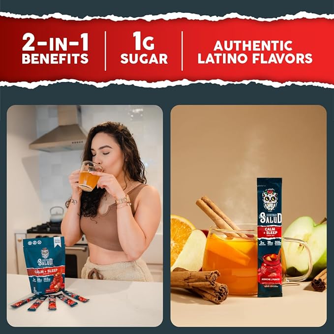 Salud 2-in-1 Sleep Aid + Calm Drink Mix, Punch Ponche Flavor, Melatonin, Magnesium, Saffron Extract, L-Theanine, Non-GMO, Gluten Free, Vegan, Low Calorie, 1g of Sugar (15 Servings)