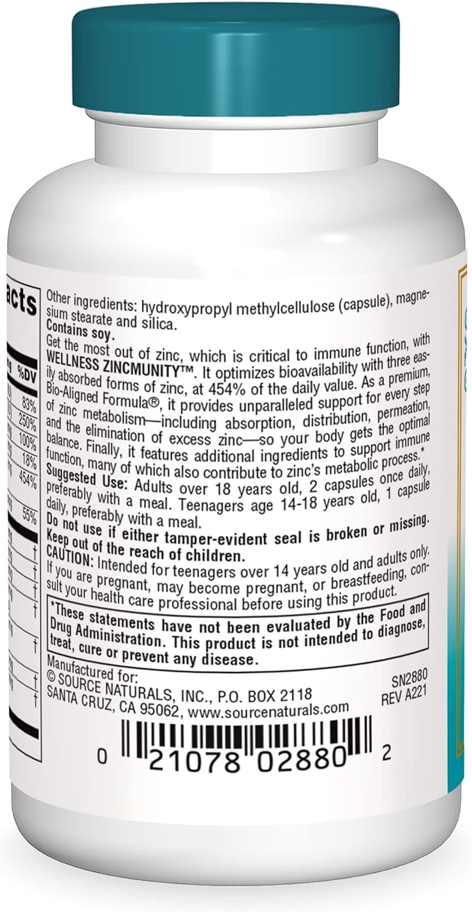 Source Naturals Wellness ZincMunity, Supports Zinc Absorption, Metabolism and Utilization for Immune Health*, 50 mg Zinc - 30 Vegetarian Capsules