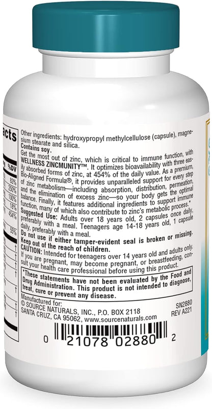 Source Naturals Wellness ZincMunity, Supports Zinc Absorption, Metabolism and Utilization for Immune Health*, 50 mg Zinc - 30 Vegetarian Capsules