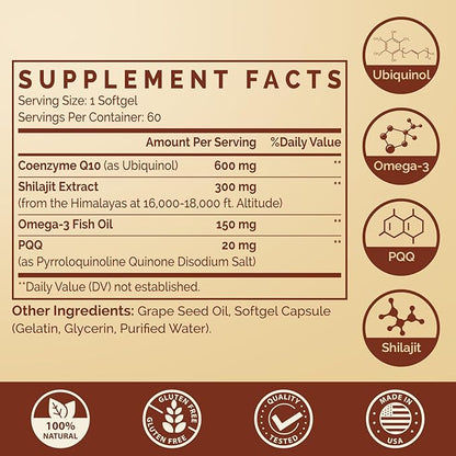 Ubiquinol CoQ10 600 MG Softgels with Omega-3 & Shilajit & PQQ, Advanced Dual-Delivery Coenzyme-Q10, Active CoQ10 Ubiquinol Supplement for Fertility, Antioxidant, Heart, Brain & Energy, 240 Servings