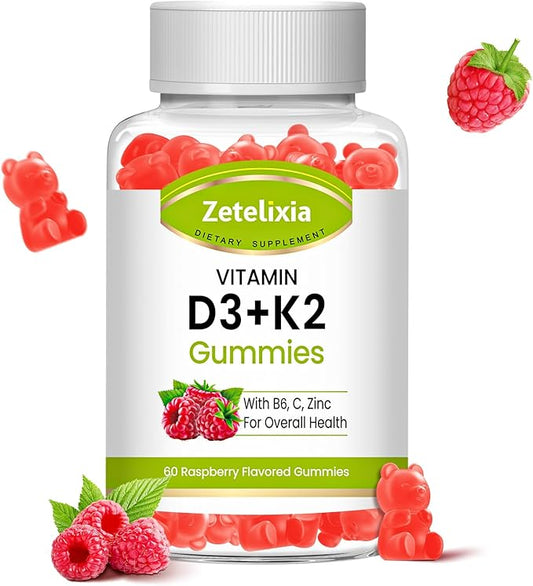 Vitamin D3 K2 Gummies for Adults, Vitamin D3 5000 IU & K2 (MK7) 120mcg, Sugar-Free D3 K2 Supplements with Vitamin B6, C & Zinc, Support Bone, Teeth, Muscle & Immunity, 60 Count