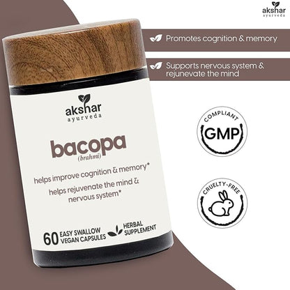 AKSHAR Ayurveda - Bacopa 500mg Brahmi Supplement, Rejuvenate System - Bacopa Pills to Support Cognitive Function for Adults - Vegan Cruelty Free Bacopa Monnieri (60 Count)