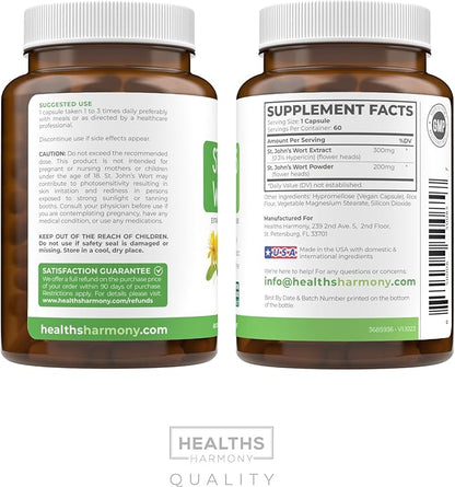 St. John's Wort - 60 Capsules (Non-GMO) Effective St Johns Wort Capsules - Powerful 900mcg Hypericin - Standardized Extract & Whole Herb Supplement - No Oil, Pills, Tea, Tincture - 500mg Per Capsule