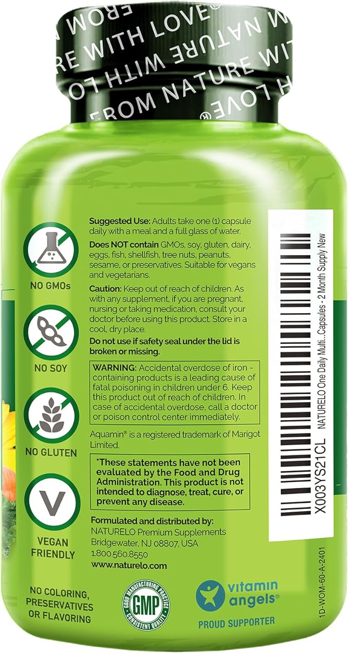NATURELO One Daily Multivitamin for Women - Energy Support - Whole Food Supplement to Nourish Hair, Skin, Nails - Non-GMO - No Soy - Gluten Free - 60 Capsules - 2 Month Supply