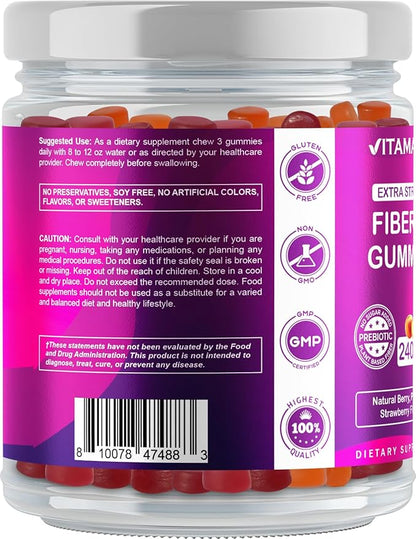 Vitamatic Prebiotic Fiber Gummies for Adults, 7G Extra Strength, Zero Sugar Added, 240 Pectin Based Gummies, Digestive Health & Regularity Support