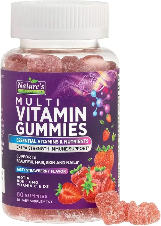 Multivitamin Gummies - Adult Gummy Vitamins for Women & Men, Nature's Daily Gummy Multivitamins for Adults, Vitamins A, C, E, B6, B12 - Multi Vitamin Supplement, Non-GMO, Berry Flavored - 60 Gummies