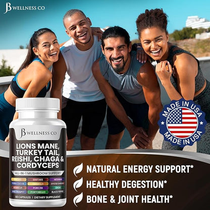 Lions Mane Supplement Cognitive Support, Immune Health with Turkey Tail 20in1 Mushroom Reishi Cordyceps Chaga with Marshmallow Root 60 Count