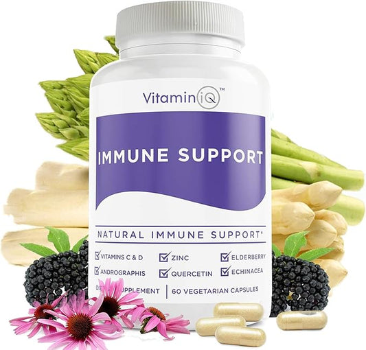 Immune Support Supplement with Vitamin C and Zinc, Sambucus Elderberry, Vitamin D3, Glutathione, Echinacea Capsules - Natural Immune Booster Herbal Supplements - Vegan, Gluten-Free (60ct)