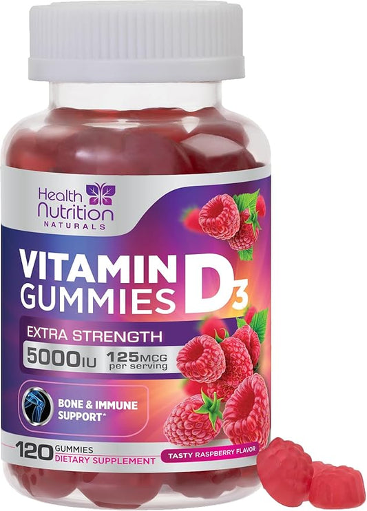 Vitamin D3 Gummies Extra Strength 5000 IU (125 mcg) - Immune Support, Bone, Teeth and Muscle Vitamin D Gummy Dietary Supplement, Nature's Berry Vitamin D Supplement, Raspberry, Non-GMO - 120 Gummies