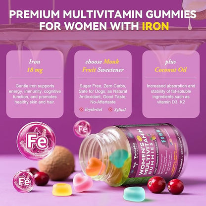 Sugar Free Multivitamin for Women 14+ with Iron, Mixed Flavors Womens Multivitamin Gummies w/ Alpha Lipoic Acid, D3 K2, B12, B6, for Daily Nutritional Support| Immune Support| Skin Health, 60 Cts