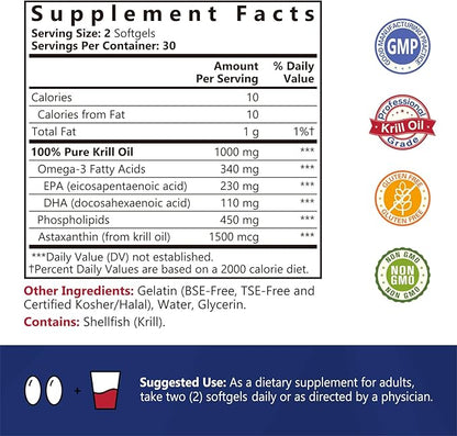 Antarctic Krill Oil 1000 mg Softgels, Krill Oil Omega-3s, EPA, DHA, Astaxanthin & Phospholipids, Brain, Heart Health, 60 Softgels, Non-GMO, No Gluten, Made in The USA