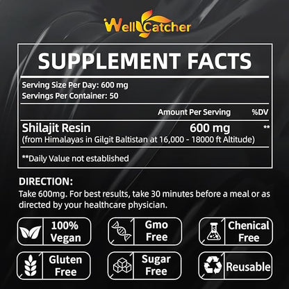 Pure Himalayan Shilajit Resin for Men Women: Natural Organic Shilajit Supplement 600MG Rich in 85+ Trace Minerals 75%+ Fulvic Acid for Energy Immunity Focus Support 50 Servings
