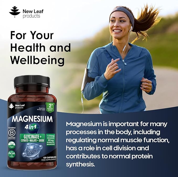 Magnesium Glycinate 4-in-1 Complex 2000mg - 449mg Elemental Magnesium High Strength Magnesium Supplements - Magnesium Bisglycinate,Citrate, Malate, Oxide - 120 Capsules - Vegan UK Made by New Leaf
