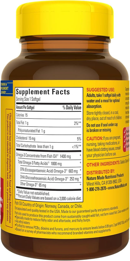 Nature Made Extra Strength Omega 3 Fish Oil Supplements, 1400mg, Fish Oil Omega 3 Supplements as Ethyl Esters for Healthy Heart, Brain, Eyes, Mood Support, 45 Softgels, 45 Day Supply
