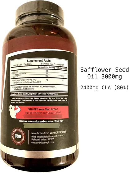 CLA 3000 - CLA Safflower Oil for Metabolism and Weight Loss Management, Maximum Strength Conjugated Linoleic Acid, Stimulant-Free Non-GMO Safflower Cla 180 Softgels