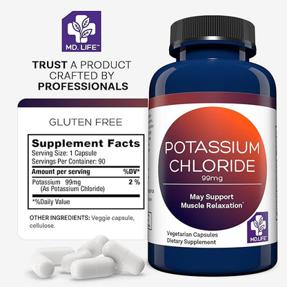 MD Life Potassium Chloride Supplement - Third Party Lab Tested - 99mg 90 Count - Potassium Chloride Capsules May Help Support Muscle Function & Healthy Blood Pressure Vegetarian Potassium Supplement