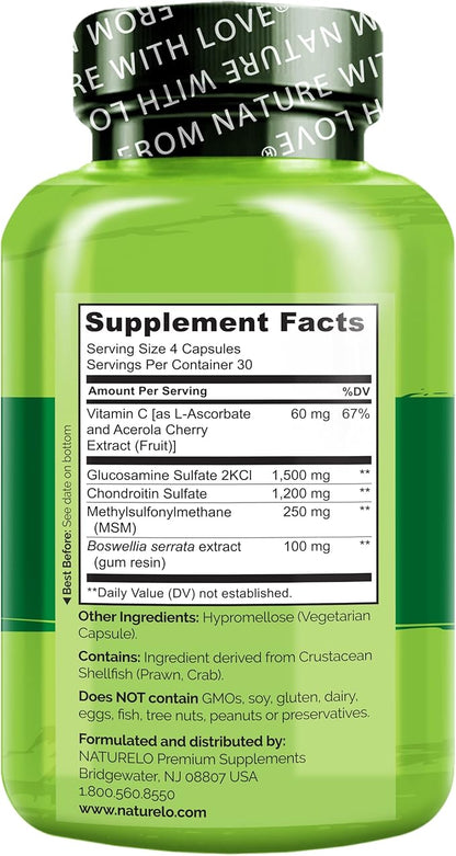 NATURELO Glucosamine Chondroitin MSM with Boswellia and Vitamin C - Supplement for Joint Comfort, Mobility, and Strength - 120 Capsules (Pack of 2)