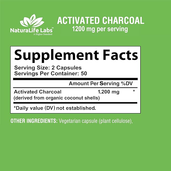 Activated Charcoal Capsules - 1,200 mg Highly Absorbent Helps Alleviate Gas & Bloating Promotes Natural detoxification Derived from Coconut Shells - per Serving - 100 Vegan Capsules