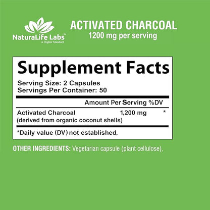 Activated Charcoal Capsules - 1,200 mg Highly Absorbent Helps Alleviate Gas & Bloating Promotes Natural detoxification Derived from Coconut Shells - per Serving - 100 Vegan Capsules