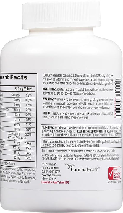 LEADER PreNatal Vitamins, 365 Caplets, Daily Nutritional Support for Expectant Mothers, Essential Nutrients, Folic Acid, Iron, DHA