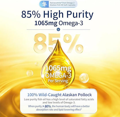 High Purified Omega 3 Supplement Wild Alaskan Fish Oil Burpless & No Fishy Taste, 650mg EPA &270mg DHA of 1250mg Fish Oil softgels, Gluten Free, Heart, Brain& Immune Support, 60 Servings