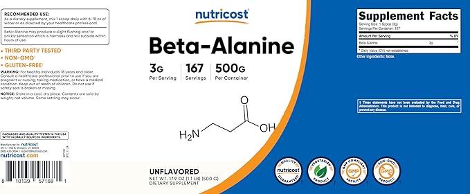 Nutricost Beta Alanine Powder 500 Grams (1.1lbs) - Pure Beta Alanine, Gluten Free & Non-GMO