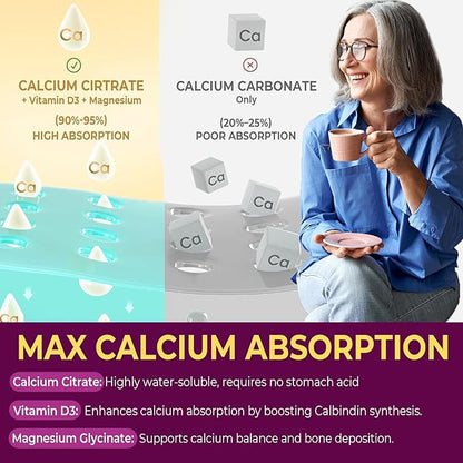 Calcium Supplements Gummies for Women & Men 50+, Calcium Citrate 1000mg with Vitamin D3, Magnesium, Zinc, Elderberry, High Absorption Calcium Chews for Bone Density, Relax Muscle, Immune, Vegan 60cts