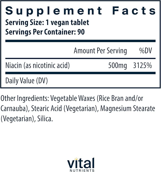 Vital Nutrients Niacin 500mg | Timed-Release Niacin Supplement for Men & Women | Vitamin B3 Supports Heart Health and Protein & Fat Metabolism | Gluten, Dairy, Soy Free | Non-GMO | 90 Tablets