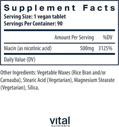 Vital Nutrients Niacin 500mg | Timed-Release Niacin Supplement for Men & Women | Vitamin B3 Supports Heart Health and Protein & Fat Metabolism | Gluten, Dairy, Soy Free | Non-GMO | 90 Tablets