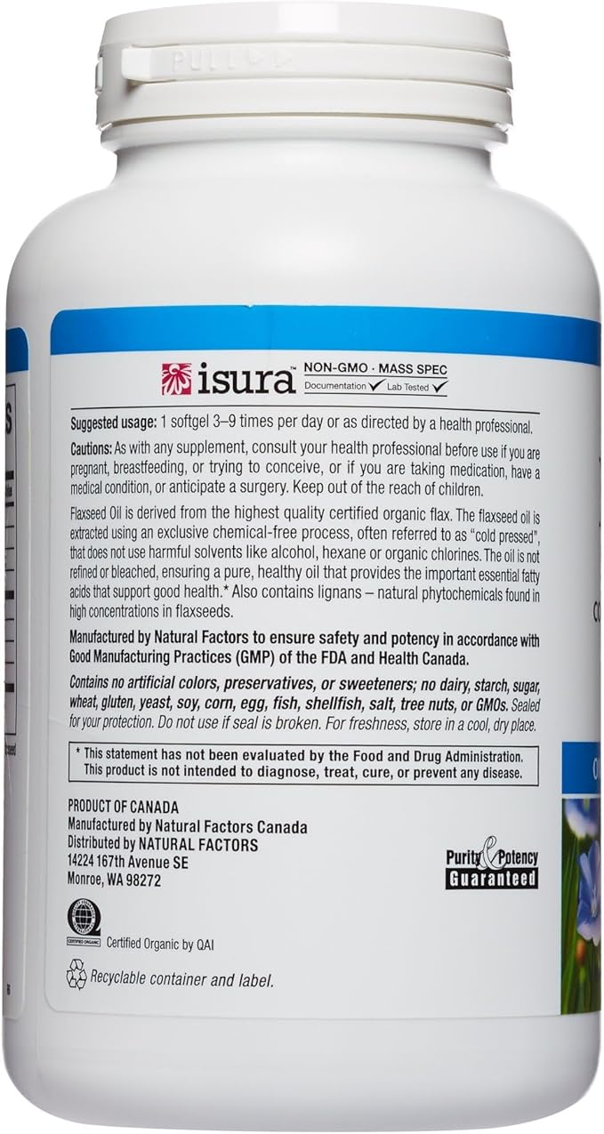 Omega Factors by Natural Factors, Flaxseed Oil, Supports Overall Health with Omega-3, 6 and 9 Fatty Acids, 180 softgels (180 servings)
