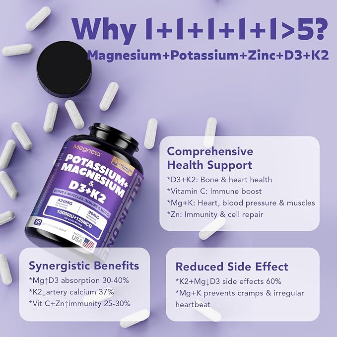 Magnesium Potassium Vitamin D3 K2 10000IU+120MCG Supplement - Supports Bone, Heart, Immune Health, Mood Balance & Energy for Women & Men - Enhanced Absorption, Non-GMO - 60 Capsules