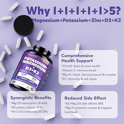 Magnesium Potassium Vitamin D3 K2 10000IU+120MCG Supplement - Supports Bone, Heart, Immune Health, Mood Balance & Energy for Women & Men - Enhanced Absorption, Non-GMO - 60 Capsules