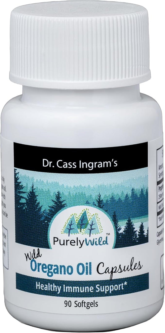PURELY WILD Dr. Cass Ingram's Oregano Oil Gelcaps - 90 Softgels - Immune System Support - Unprocessed, Wild Mediterranean Oregano - Mountain Sourced - Non-GMO - 90 Servings
