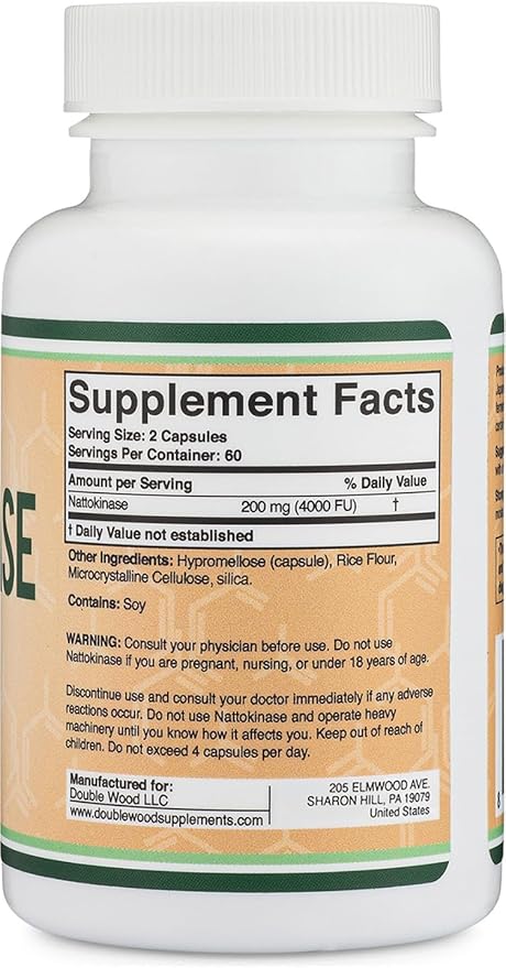 Nattokinase Supplement 4,000 FU Servings, 120 Capsules (Derived from Japanese Natto) Systemic Enzymes for Cardiovascular and Circulatory Support by Double Wood