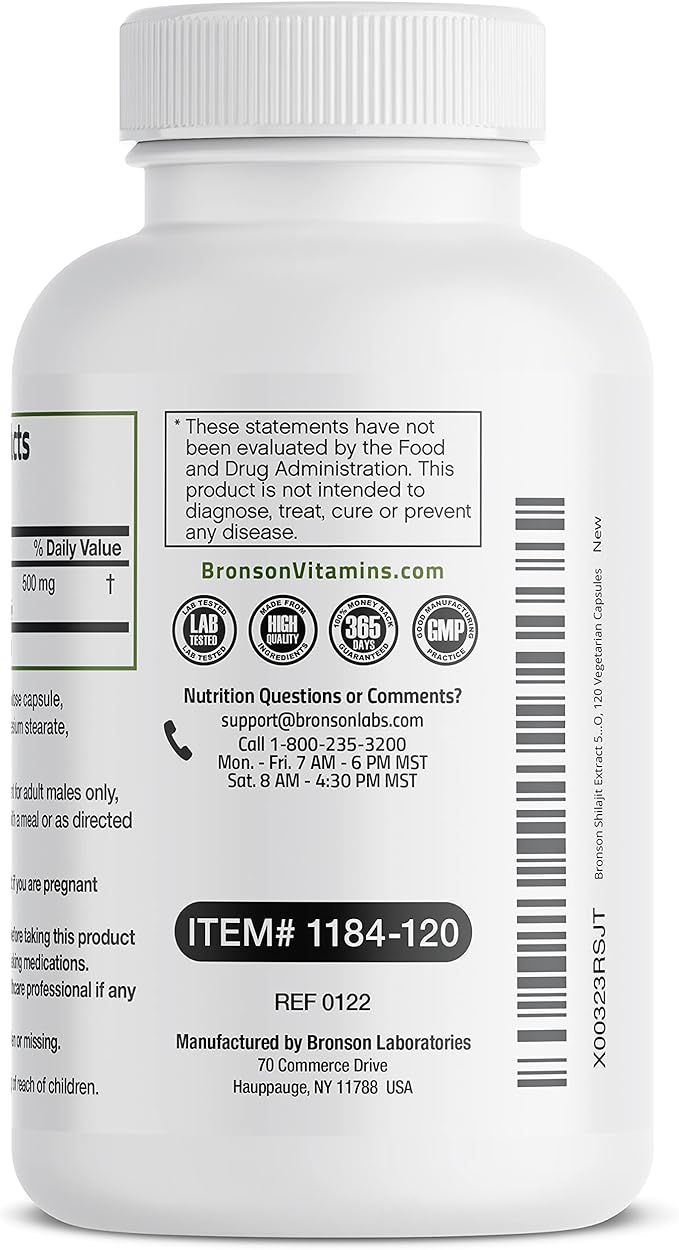 Bronson Shilajit Extract 500 MG Per Serving, Supports Energy Production & Vitality, Standardized to 20% Total Acids, Non-GMO, 120 Vegetarian Capsules