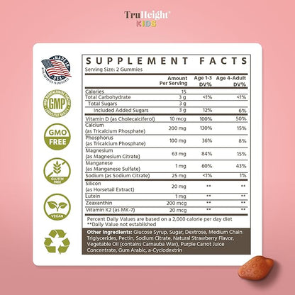 TruHeight Kids Bone Growth Gummies (Strawberry, Ages 2+) All Natural Kids & Toddler Vitamins - Vitamin D, Calcium, K2, Magnesium Multivitamin - Natural Growth & Development, Builds Strong Bones, Vegan